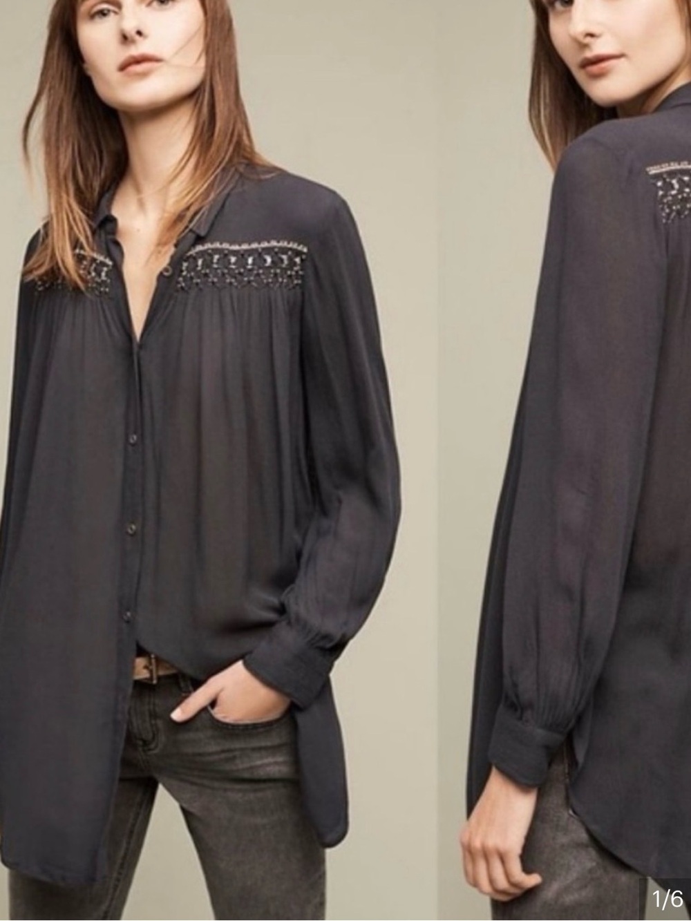#642 Anthropologie FLOREAT Embellished Navy Button-Front Tunic or Mini Dress